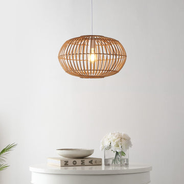 Leo 17.5" Farmhouse Coastal Rattan 180" Cord Plug-In or Hardwired LED Pendant - JONATHAN Y